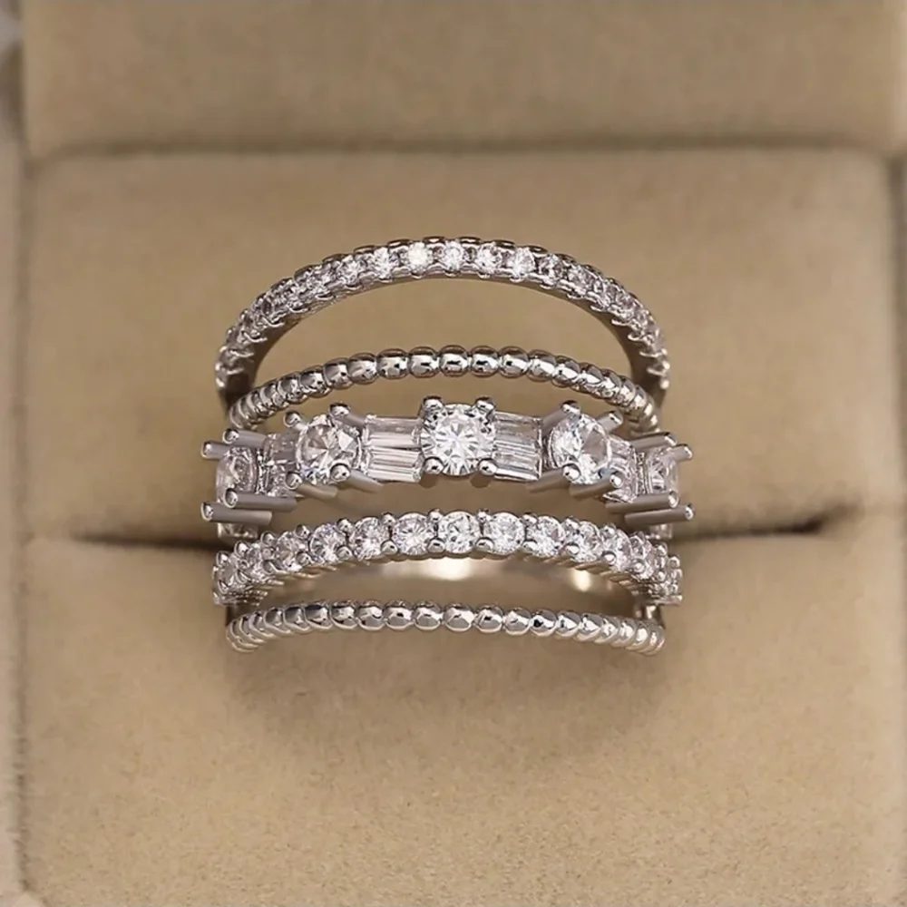 MULTI Band Diamond CZ Stone Ring Stacked Statement Wide Silver Multilayered